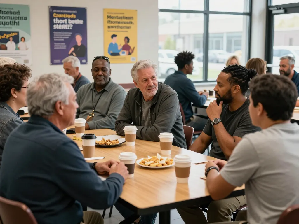 Manclub community gathering with men sharing stories and support in a warm, inviting center.