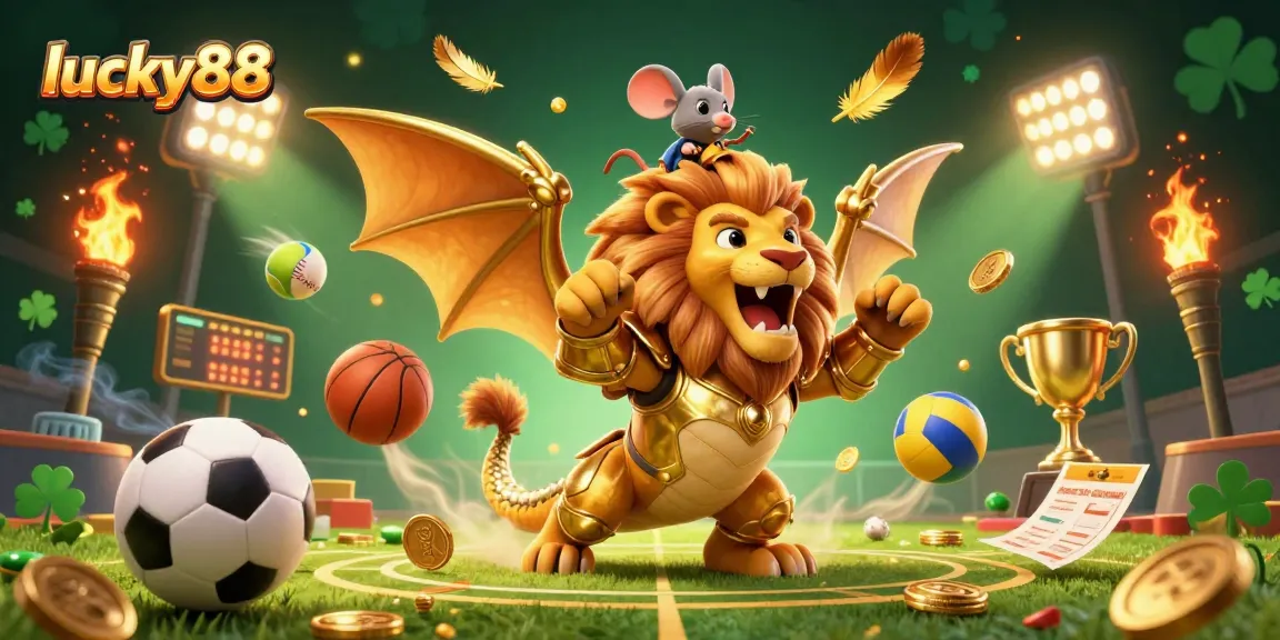 Experience vibrant sports betting action with lucky88 featuring a roaring chimera and dynamic sports elements.
