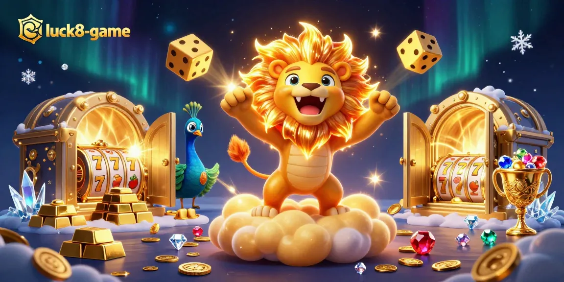 Engaging luck8-game scene depicting a roaring lion and golden dice, immersed in thrilling casino elements.