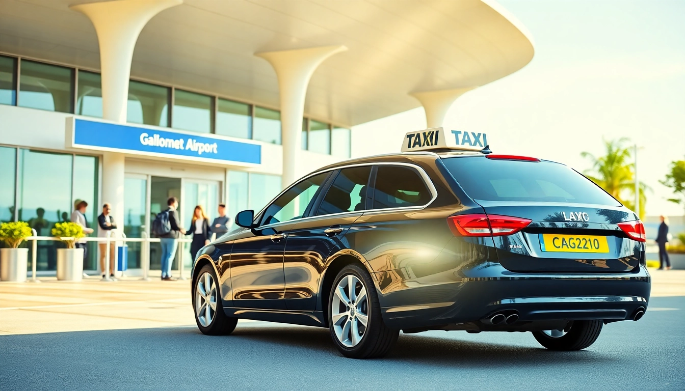 Gatwick Airport taxi ready for passengers outside the terminal, showcasing modern design.