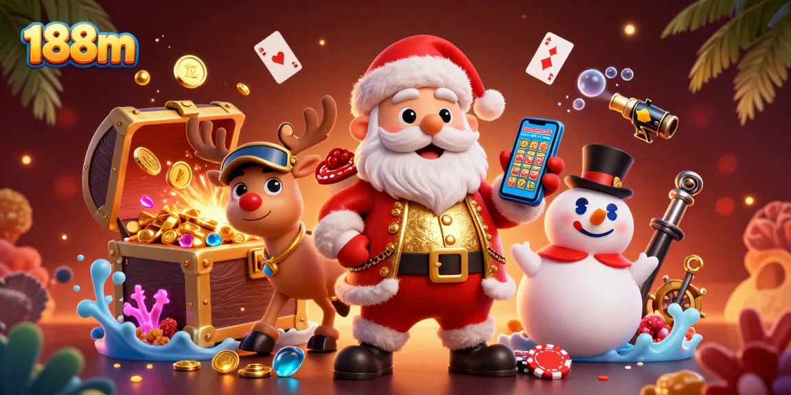 Experience thrilling jackpots at 188m with Santa and friends in a vibrant casino setting.
