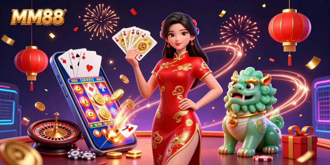 Experience thrilling gaming at MM88 with an elegant figure, casino elements, and vibrant confetti.