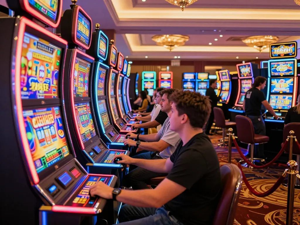 Players enjoying vibrant SC88 slot machines on a lively casino floor