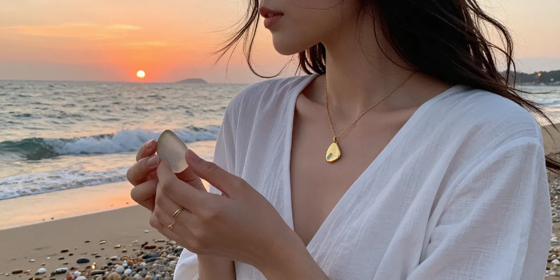 Woman at beach wearing a pendant necklace UK inspired by the ocean.