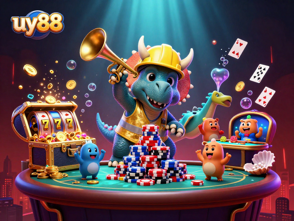 uy88-themed casino illustration with cheerful characters and dynamic gaming elements