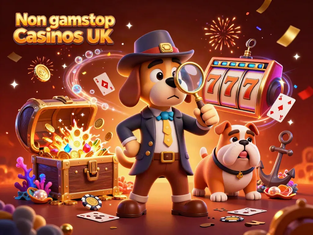 Engage with Non gamstop casinos UK in a vibrant, action-packed casino-themed illustration.