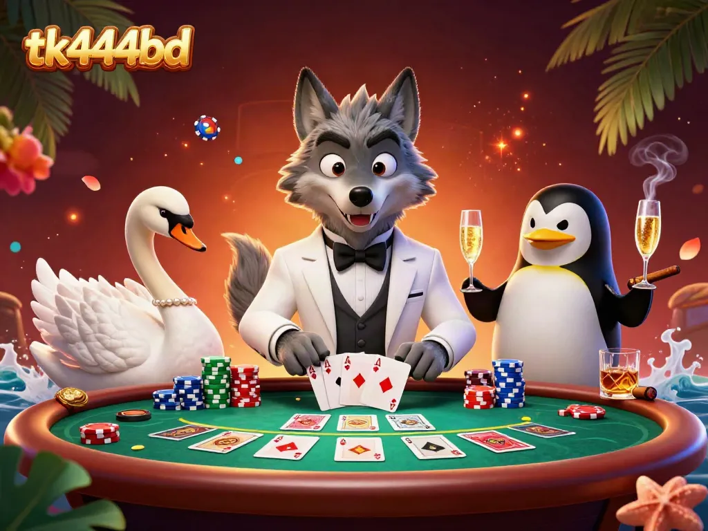 Engage in thrilling baccarat at tk444bd with cartoon characters, vibrant casino elements, and energy.