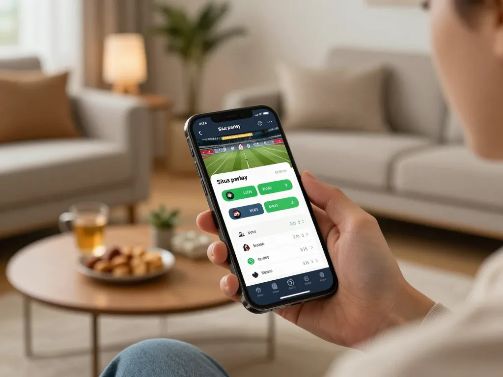 Engaging in situs parlay sports betting with a live betting app in a cozy living room setting