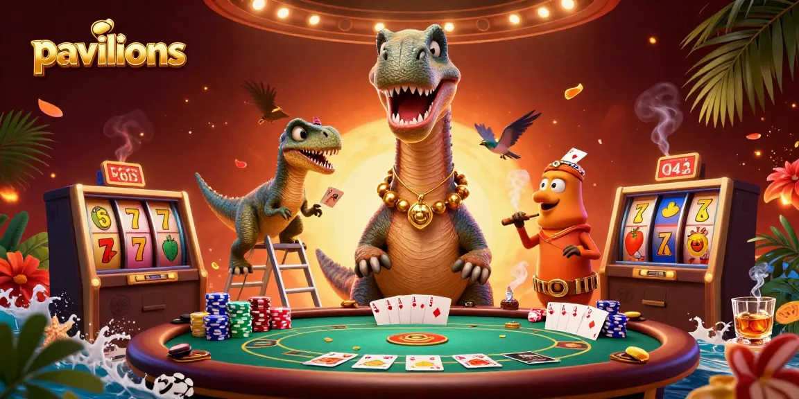 Pavilions’ vibrant casino scene with a giant brontosaurus, poker table, and slot machines.