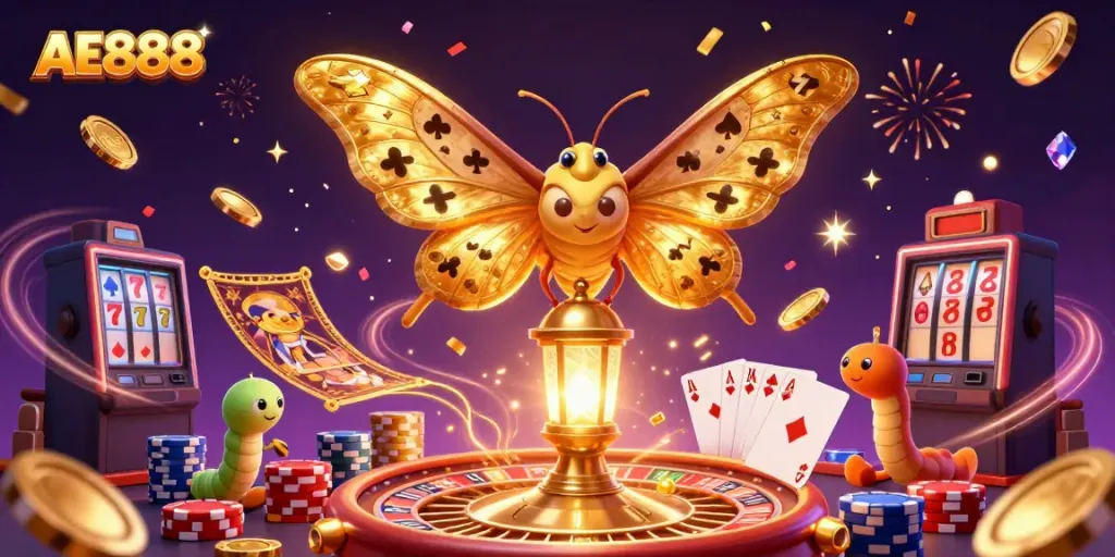Engage in thrilling gaming with AE888, featuring vibrant 3D casino elements and celebratory motifs.