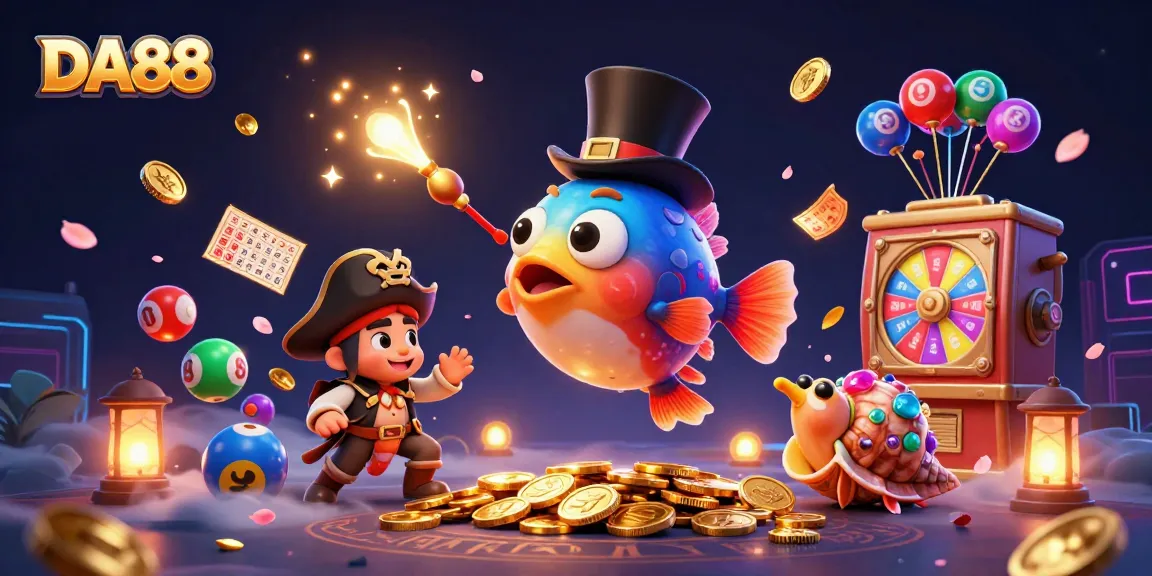 DA88 casino scene with a deep-sea anglerfish attracting coins, surrounded by lively lottery elements.
