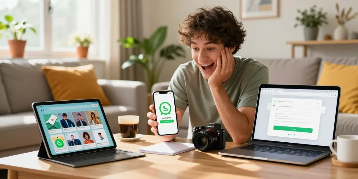 Enthusiastic user downloading GB WhatsApp on a smartphone with tech gadgets in a cozy living room.