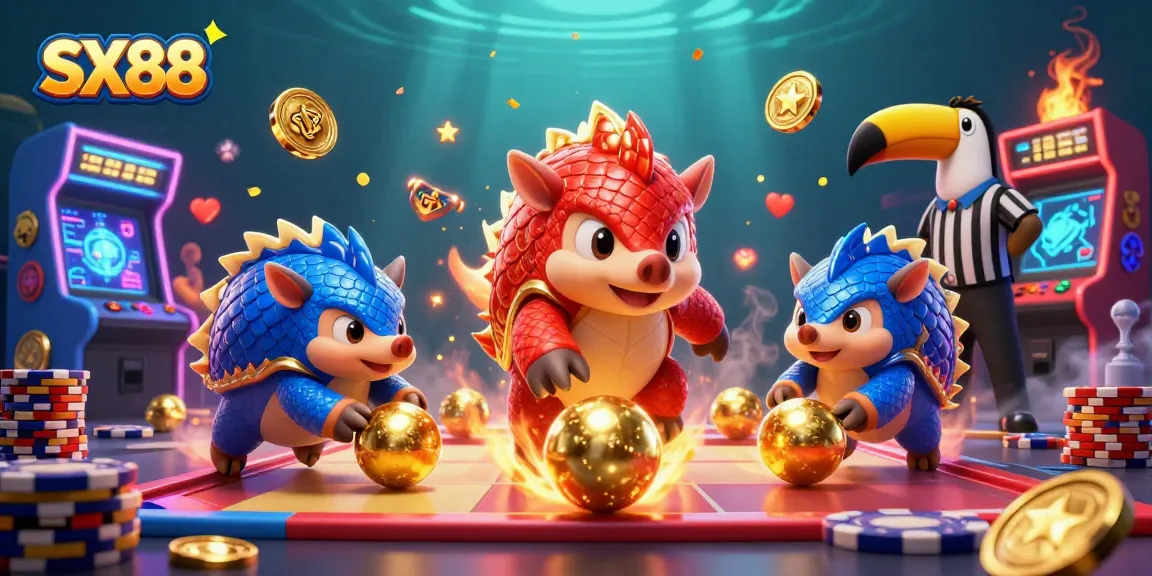 SX88 pangolins compete in a vibrant casino world amid gold and poker chips, showcasing gaming excitement.