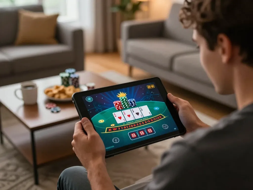 An enthusiastic player enjoying an online blackjack game at home via okwin68, surrounded by cozy decor and winning chips.