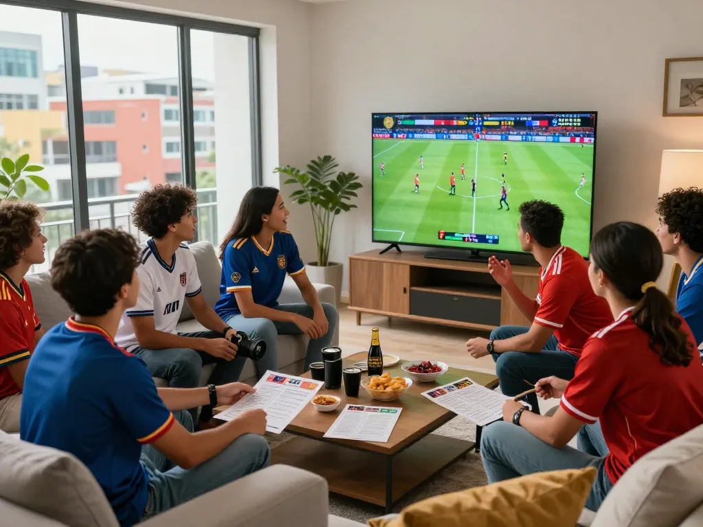 Friends enjoying sports betting with 1gom, cheering for their teams in a lively living room.
