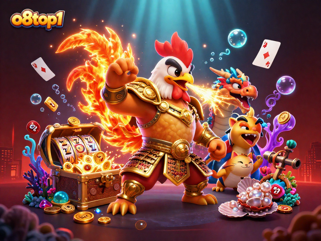 Engaging scene with o8top1 featuring a rooster warrior and dragon amid slots and treasure.