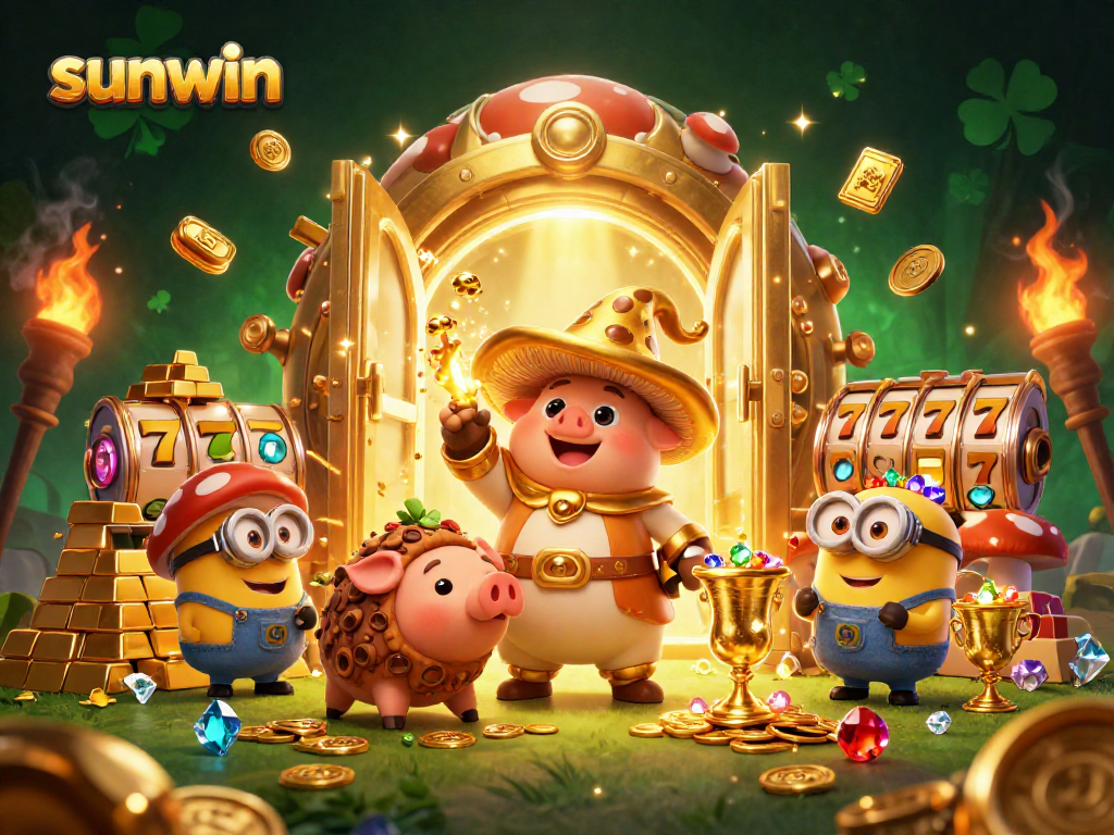 Experience sunwin magic with a golden mushroom wizard and treasure in a vibrant casino scene.