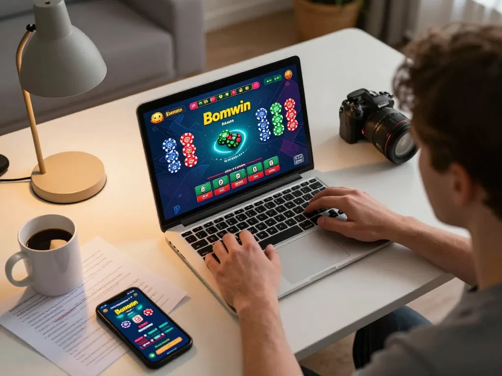 Bomwin user engaged in online gaming session at home, showcasing vibrant casino app interface and strategic setup