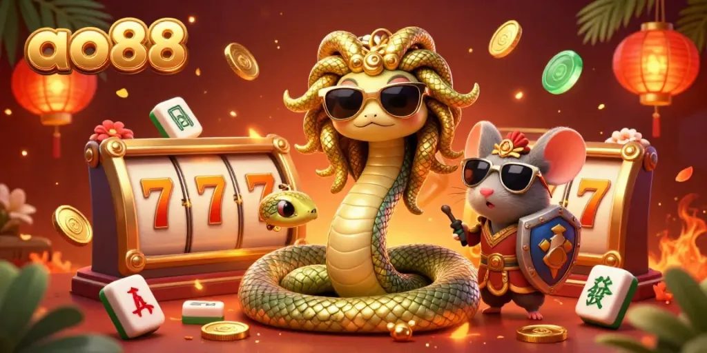 Experience thrilling gameplay at ao88 with cute Medusa, lucky slot reels, and vibrant casino elements.