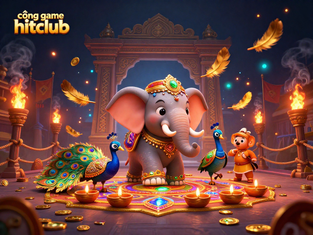 Engage with the vibrant cổng game hitclub scene featuring an ornate elephant and peacock amidst festive gambling elements.
