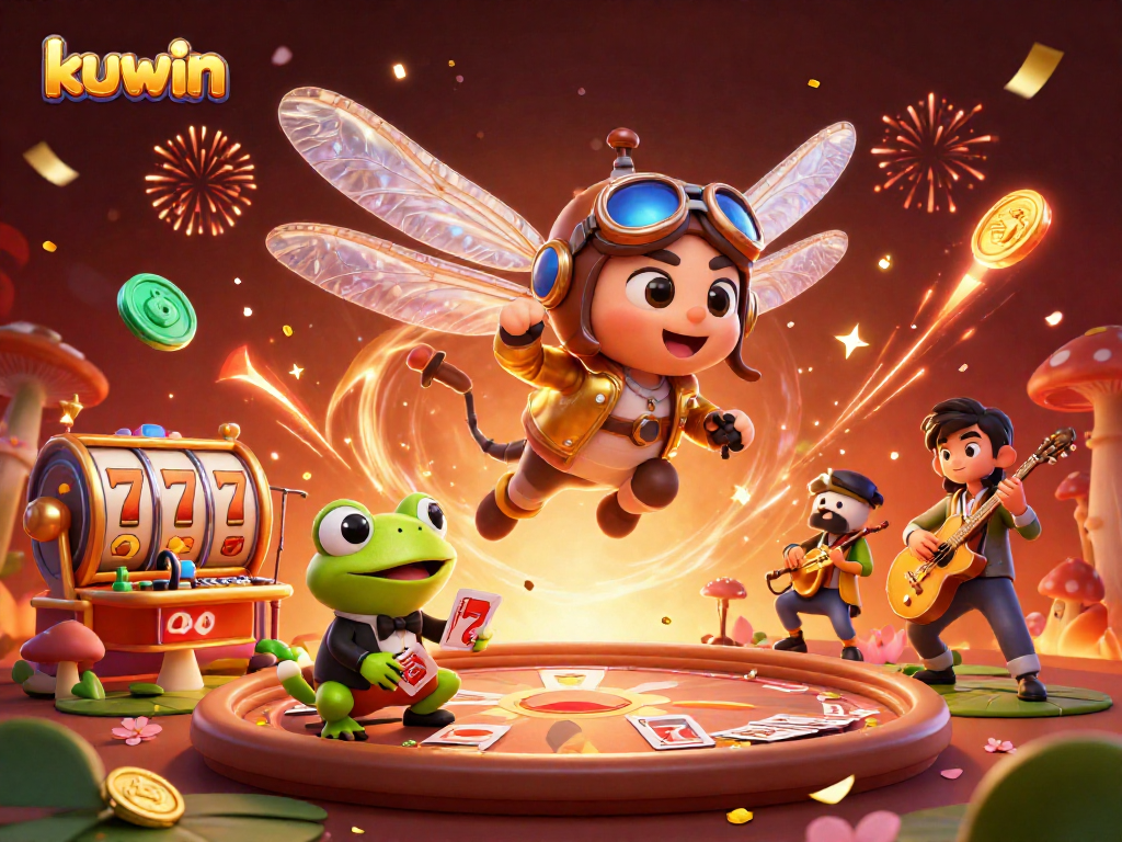 Experience the excitement with kuwin as the dragonfly pilot hovers over vibrant casino gaming elements.