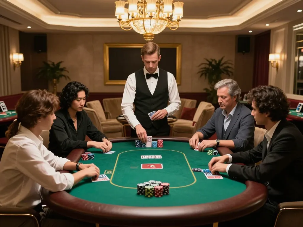 Kwin players strategizing in an upscale poker room, showcasing elite gambling engagement and competitive atmosphere.
