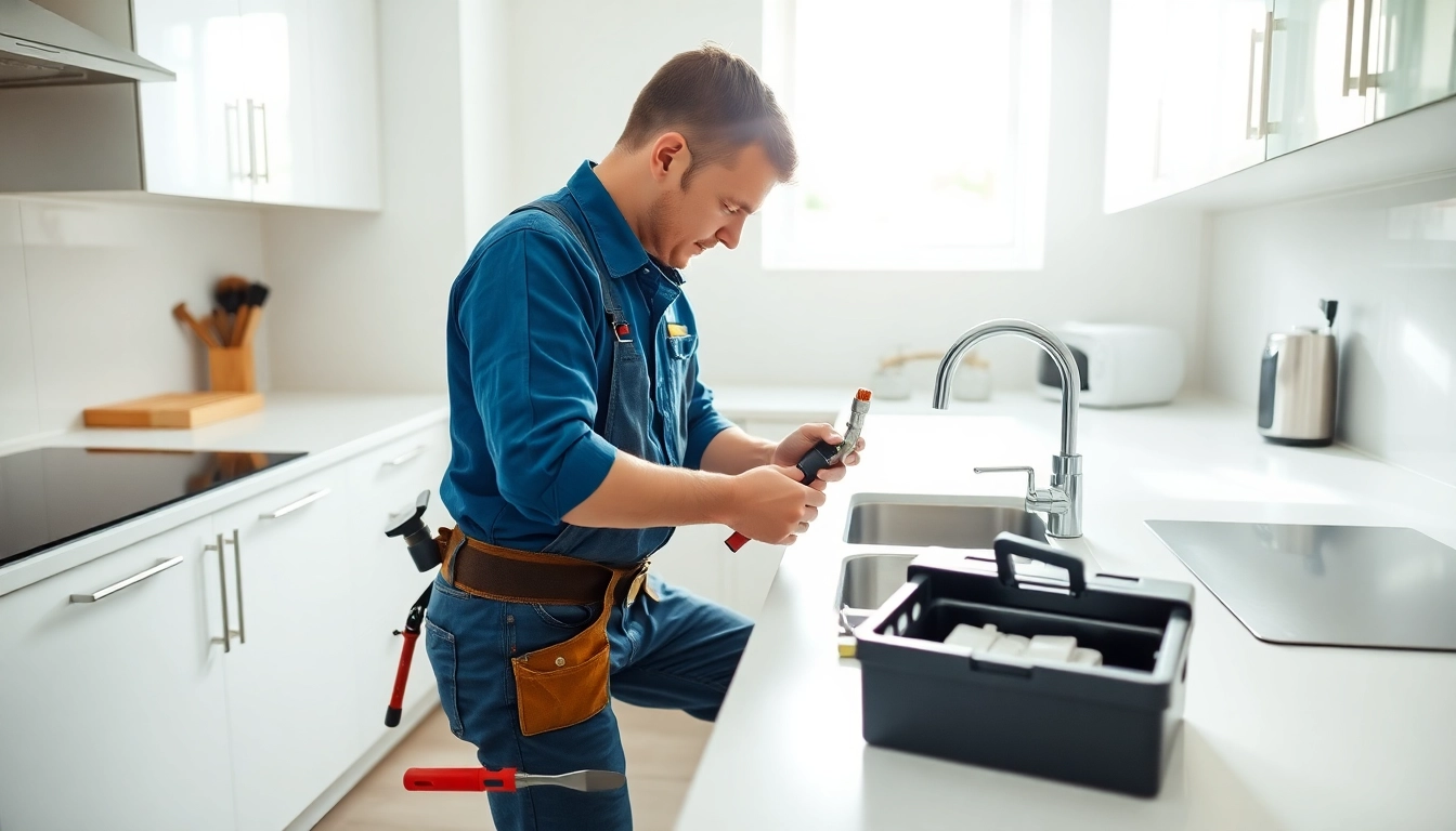 Plumber near me fixing a sink in a modern kitchen, showcasing professional plumbing work and tools.