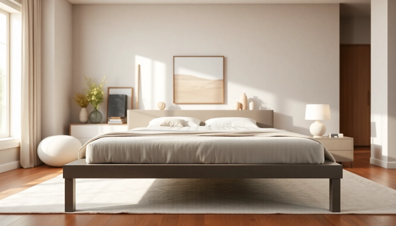 Showcase of a modern platform bed frame in a stylish bedroom setting with neutral colors.