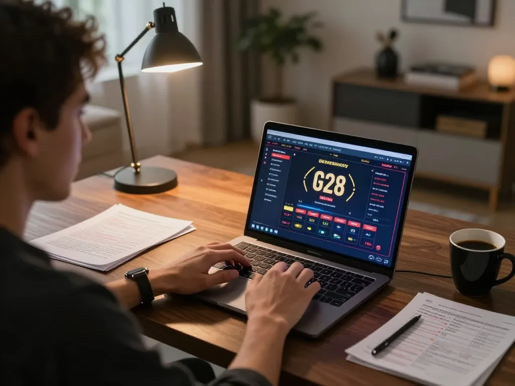 Player engaging with G28 online casino on laptop, showcasing strategic gambling atmosphere.