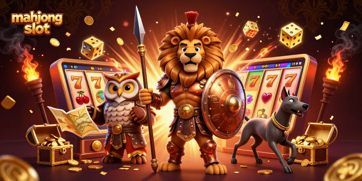 Experience the excitement of mahjong slot with a dynamic 3D illustration of characters and vibrant slot machines.