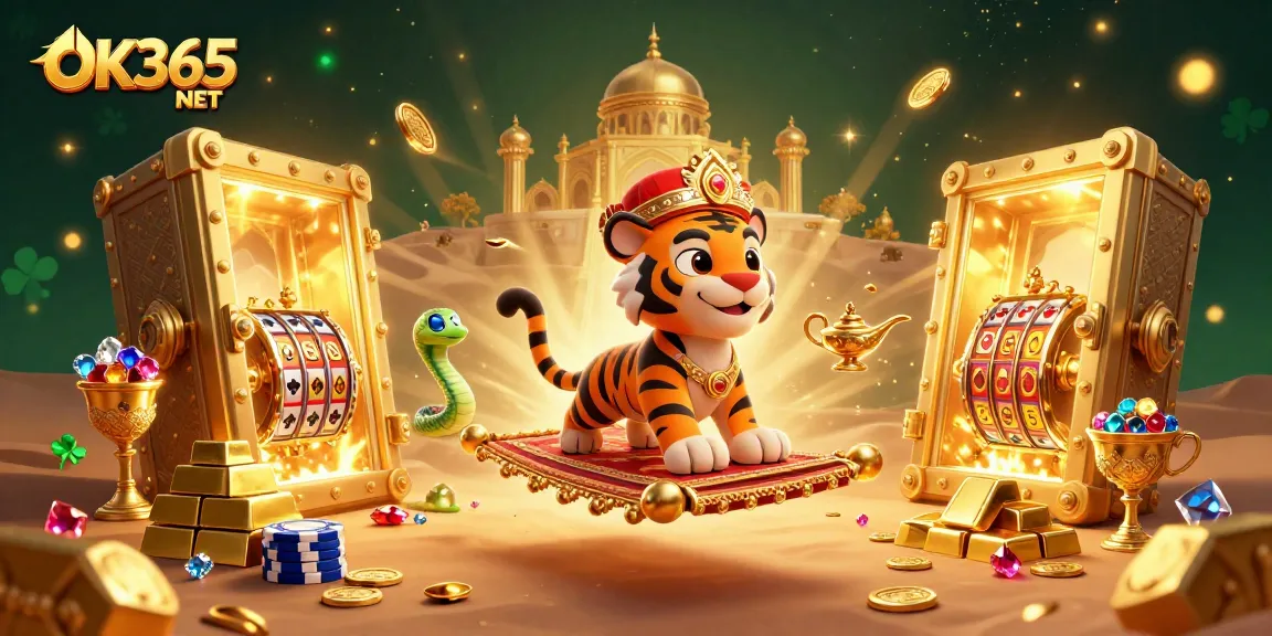 Experience the exciting gameplay of OK365 NET with a vibrant 3D illustration showcasing casino treasures and engaging characters.