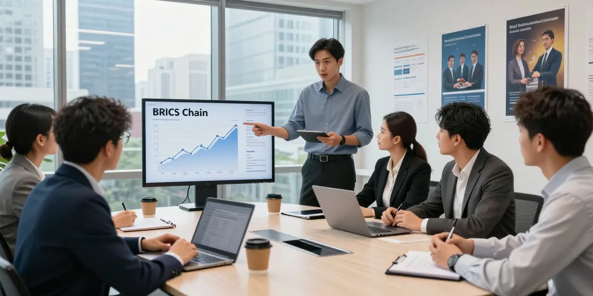 Join the innovative team discussing how to Buy BRICS coins in a modern investment meeting.