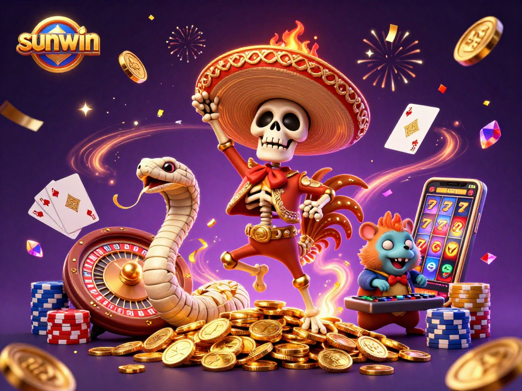 Experience the thrill of sunwin with vibrant characters celebrating a jackpot in the casino.