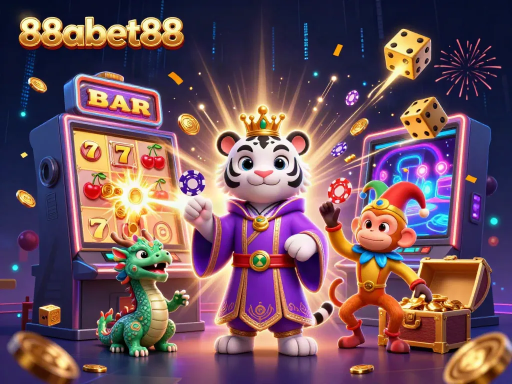 Engage in thrilling gameplay at 88abet88 featuring a vibrant scene with a majestic tiger, playful monkey, and jade dragon amidst exciting casino elements.