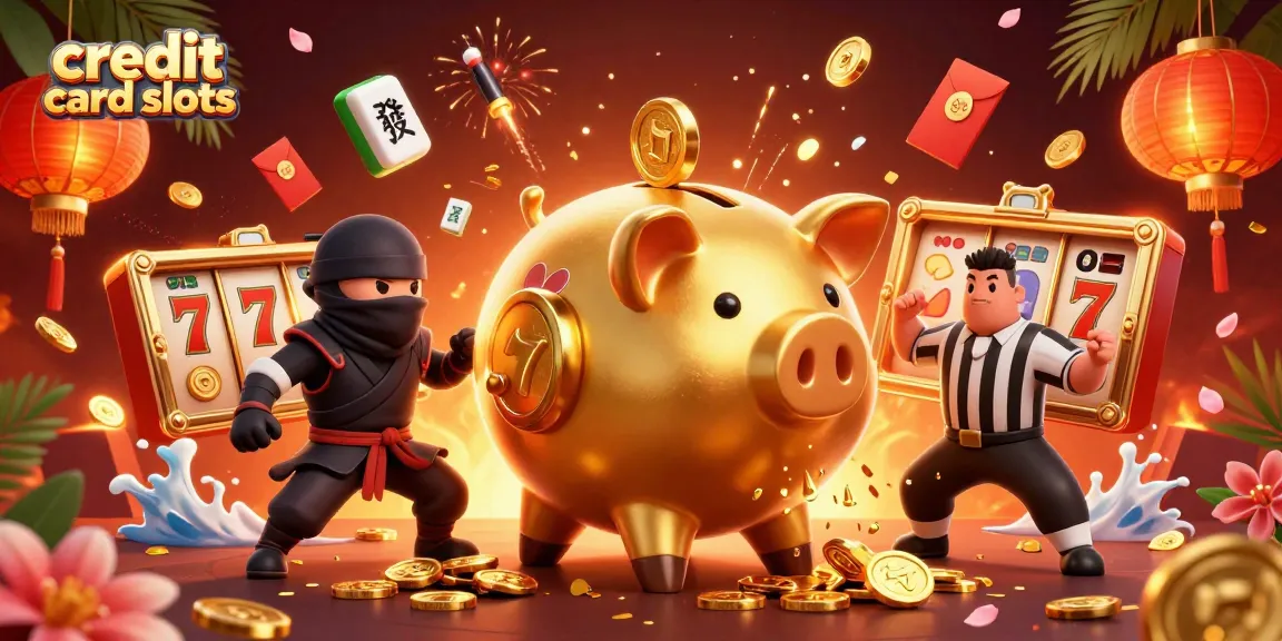 Experience vibrant gameplay at credit card slots with a cartoon piggy bank, ninja, and samurai among exciting casino elements.