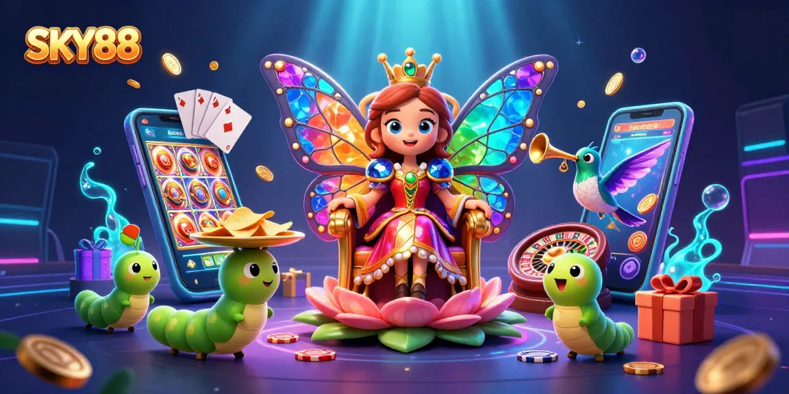 Experience thrilling gaming with SKY88's vibrant 3D casino illustration featuring a butterfly queen and immersive slot games.