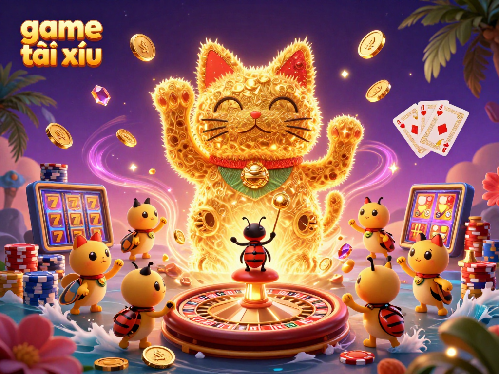 Experience game tài xỉu with vibrant visuals showcasing a golden lucky cat and dynamic casino elements.