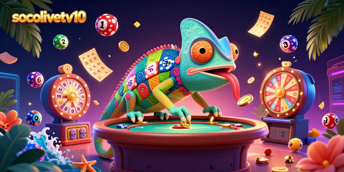 Socolivetv10 showcases an energetic casino scene with a vibrant chameleon owner catching coins amid festive gambling elements.