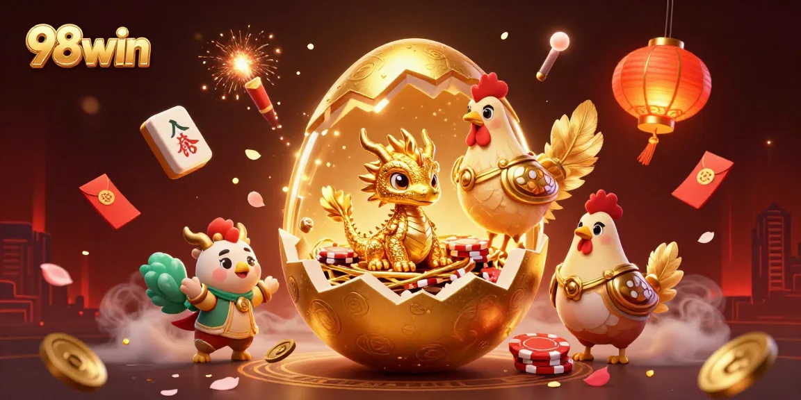 Win big with 98win's thrilling golden dragon and poker chip illustration