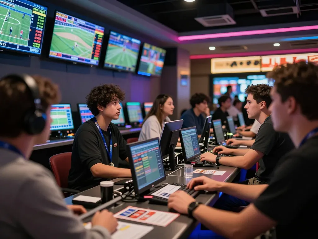 Engaging sports betting atmosphere showcasing dynamic interactions and live odds on screens in 7mcn venue.
