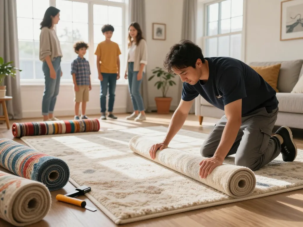 Residential carpet installation showcased in a bright living room with a professional laying plush carpet.