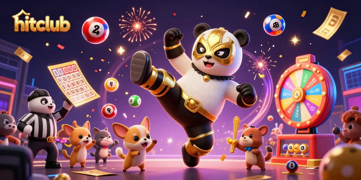 hitclub engages players with a lively 3D scene of a panda wrestler amidst colorful lottery elements.