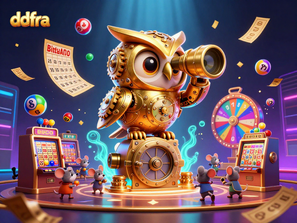 Engage with the vibrant ddfra scene showcasing a clockwork owl and lively casino elements.
