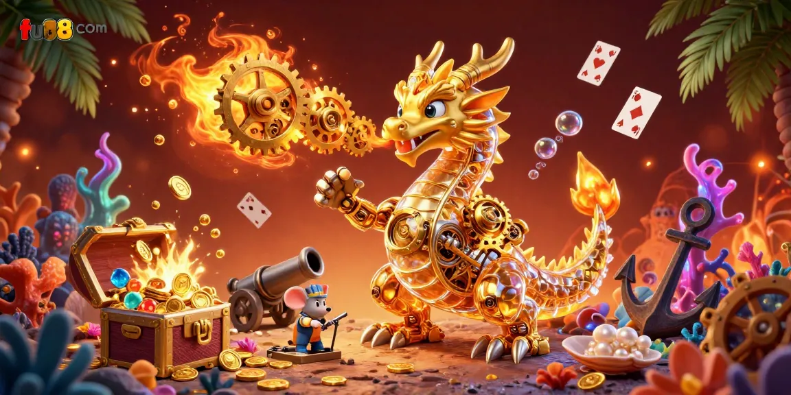 Engage with the magical world of fu88 com where a golden dragon breathes gears amidst treasures and gaming wonders!