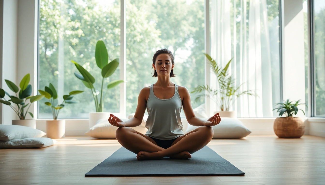 Promote mental wellness with an individual meditating in a calming, serene indoor space.