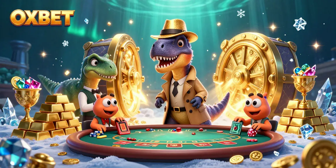 Experience thrilling gaming with OXBET as cartoon dinosaurs engage at a vibrant casino.