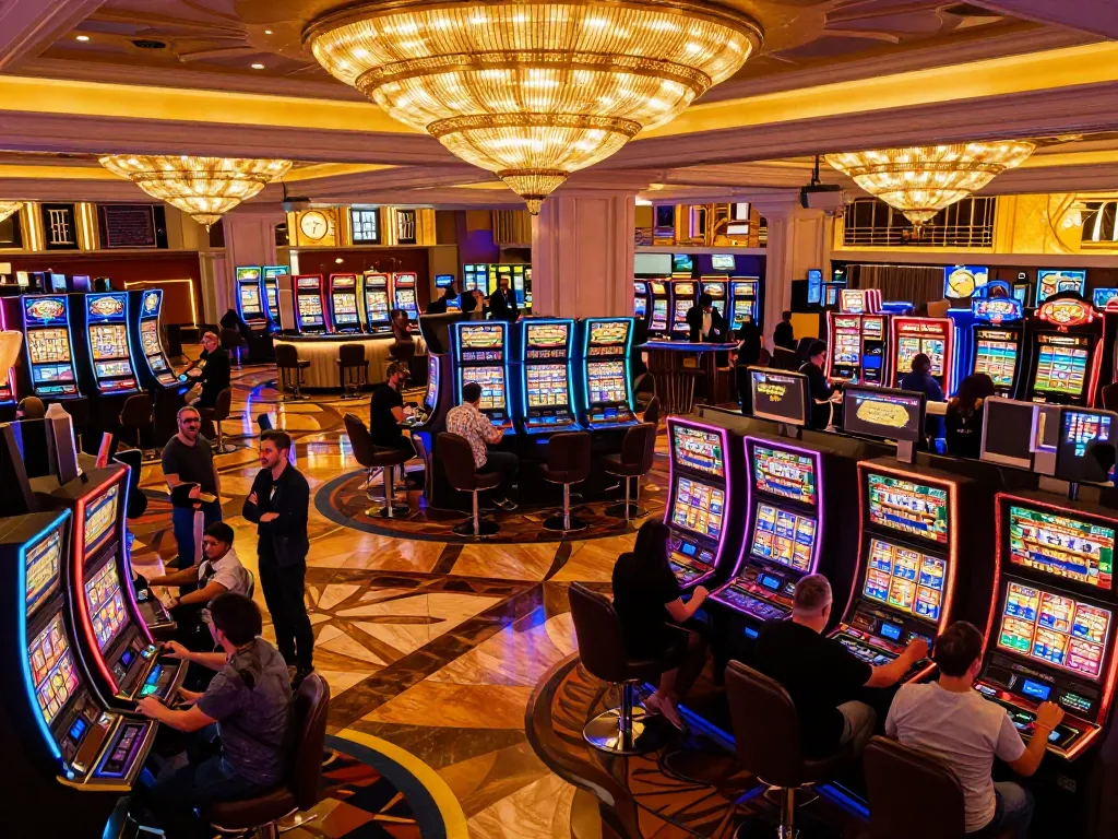 Excited players trying their luck at slot machines at xi88 casino in vibrant Las Vegas