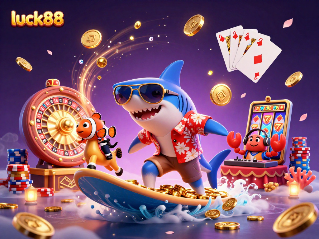 Experience luck88 gameplay with vibrant characters surfing on golden coins in a lively casino scene.