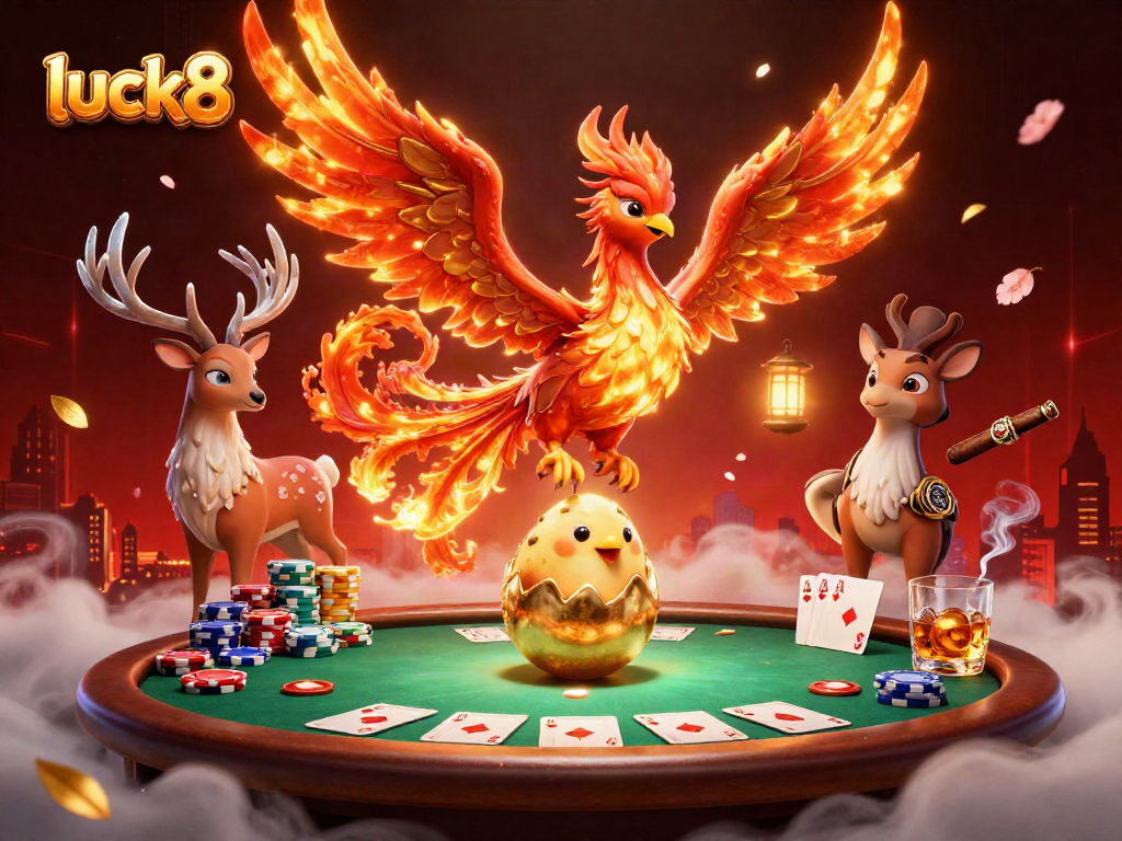 Luck8 showcases a vibrant 3D scene with a phoenix and poker elements in a casino setting.