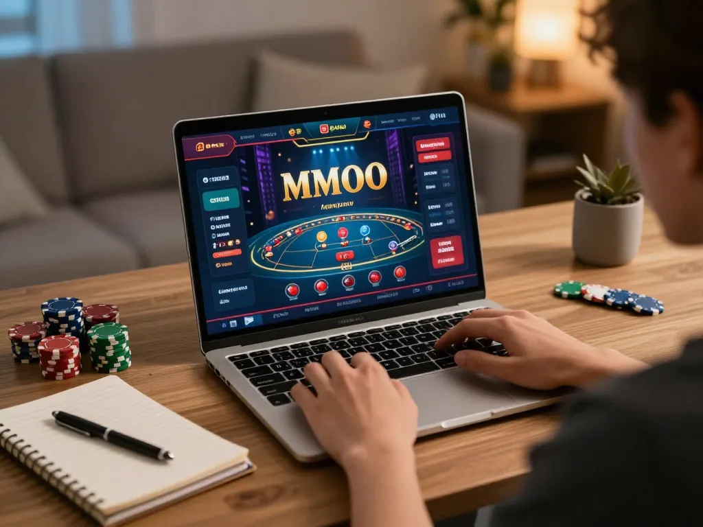 MMOO online gaming setup showing player engaged with betting interface and strategy notes.